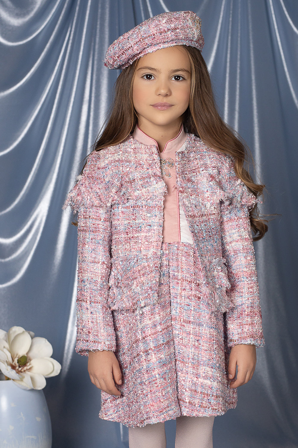 Pink and blue tweed blazer with frills