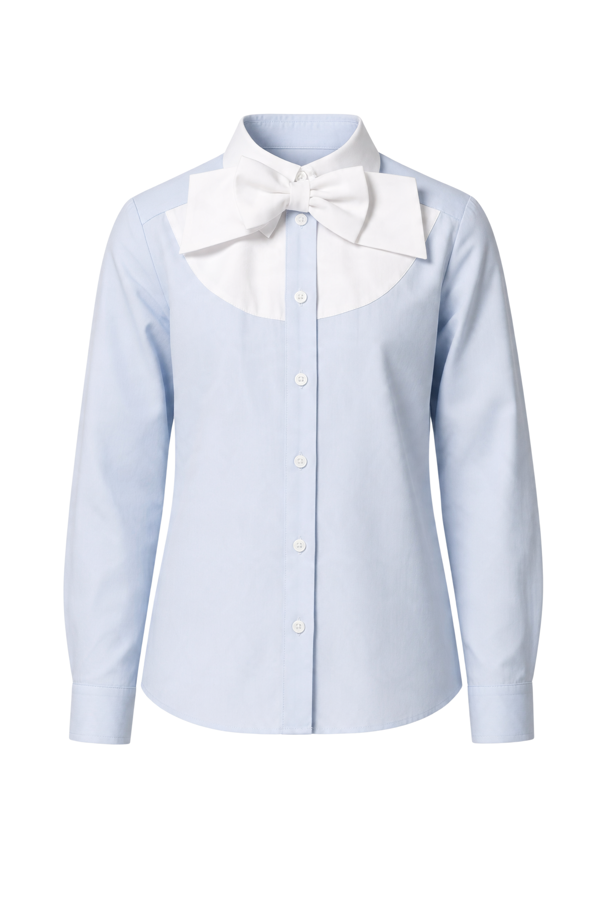 EIRENE - Luxury Fashion for Kids light blue cotton shirt with a white bib collar and large elegant bow at the neck.