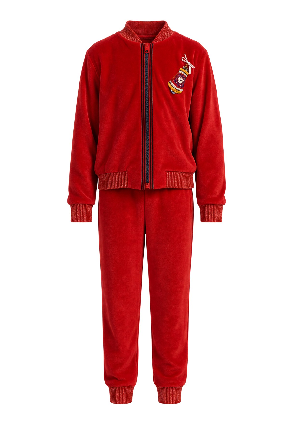 Red cotton velvet tracksuit with handmade embroidery - product view
