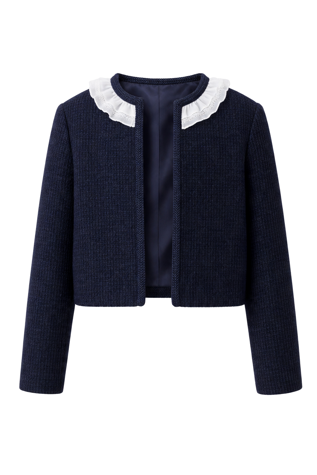 Blue tweed blazer with chiffon collar - product view