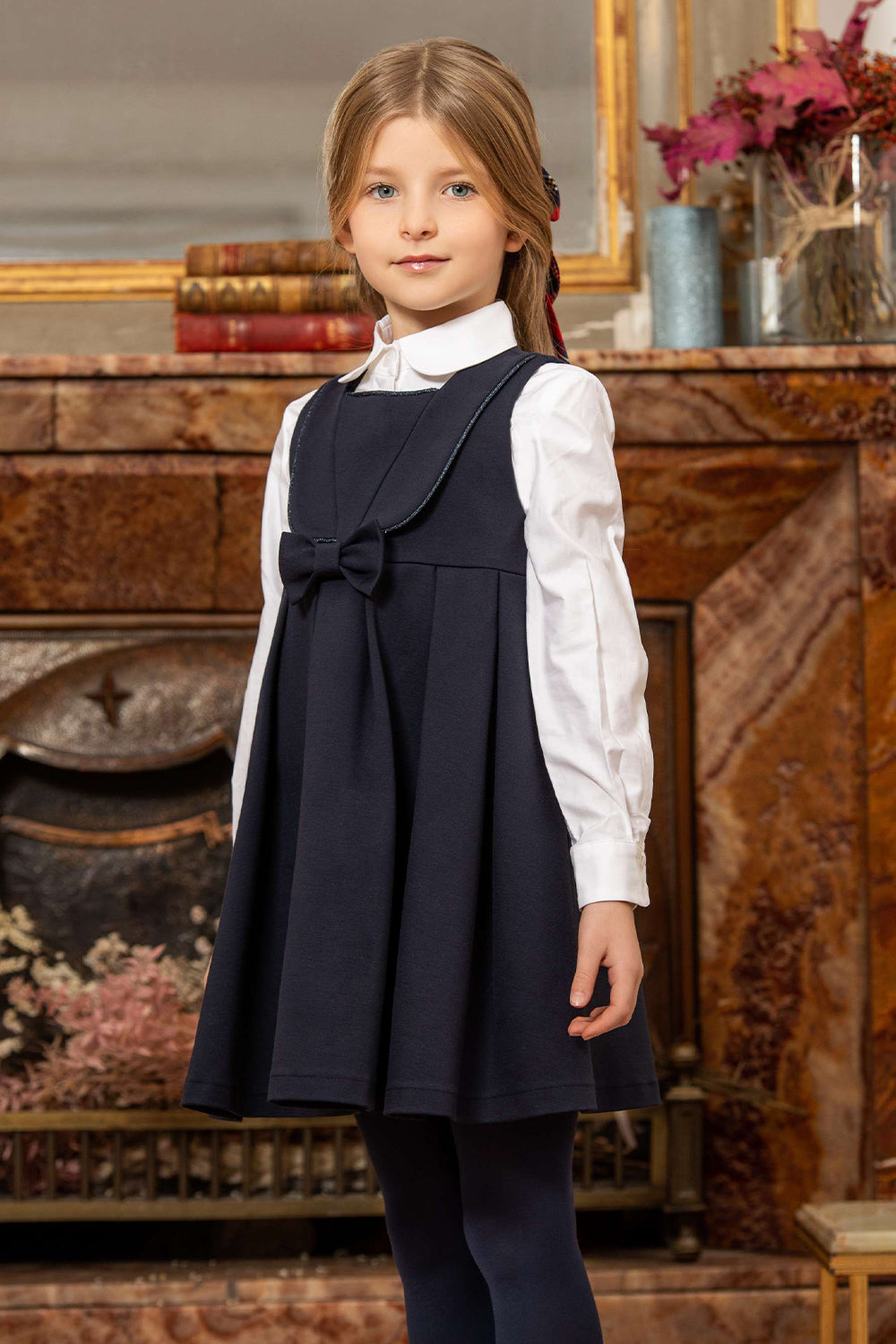 Blue poly-viscose Punto Milano dress with bow and lapels with blue lurex piping