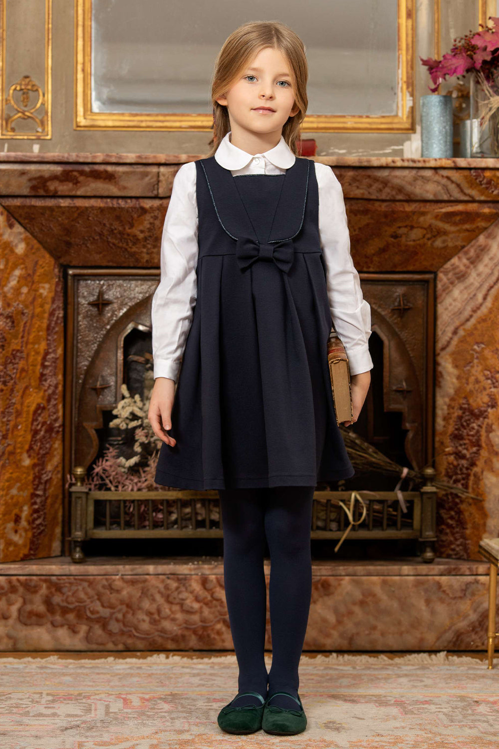 Blue poly-viscose Punto Milano dress with bow and lapels with blue lurex piping