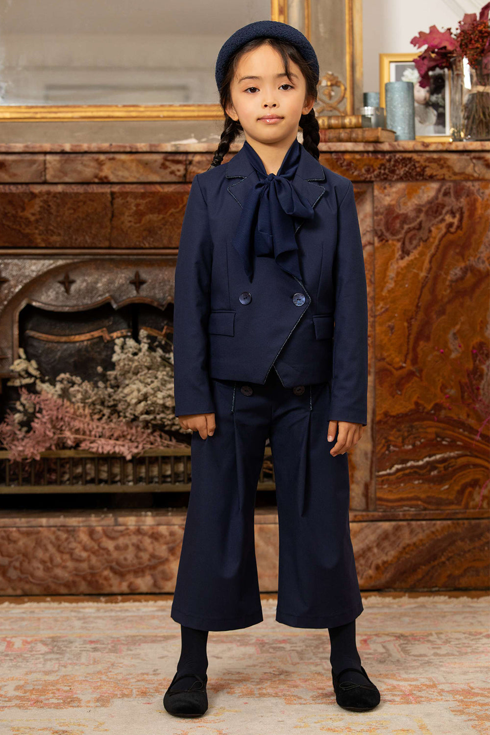 Blue poly-viscose wide 7/8 trousers with pleats and branded mother of pearl buttons