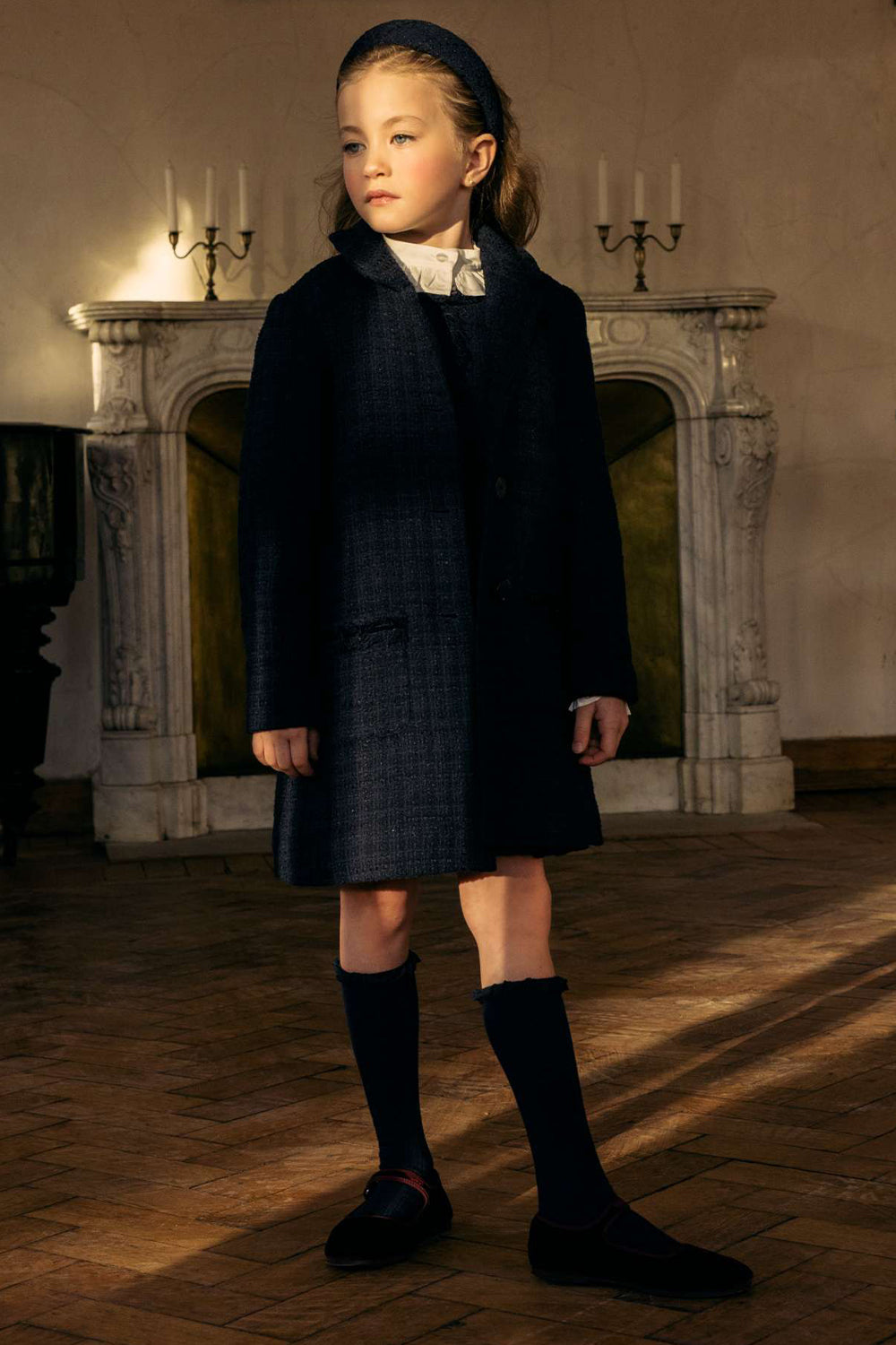 Blue tweed cotton blend coat with blue branded mother of pearl buttons