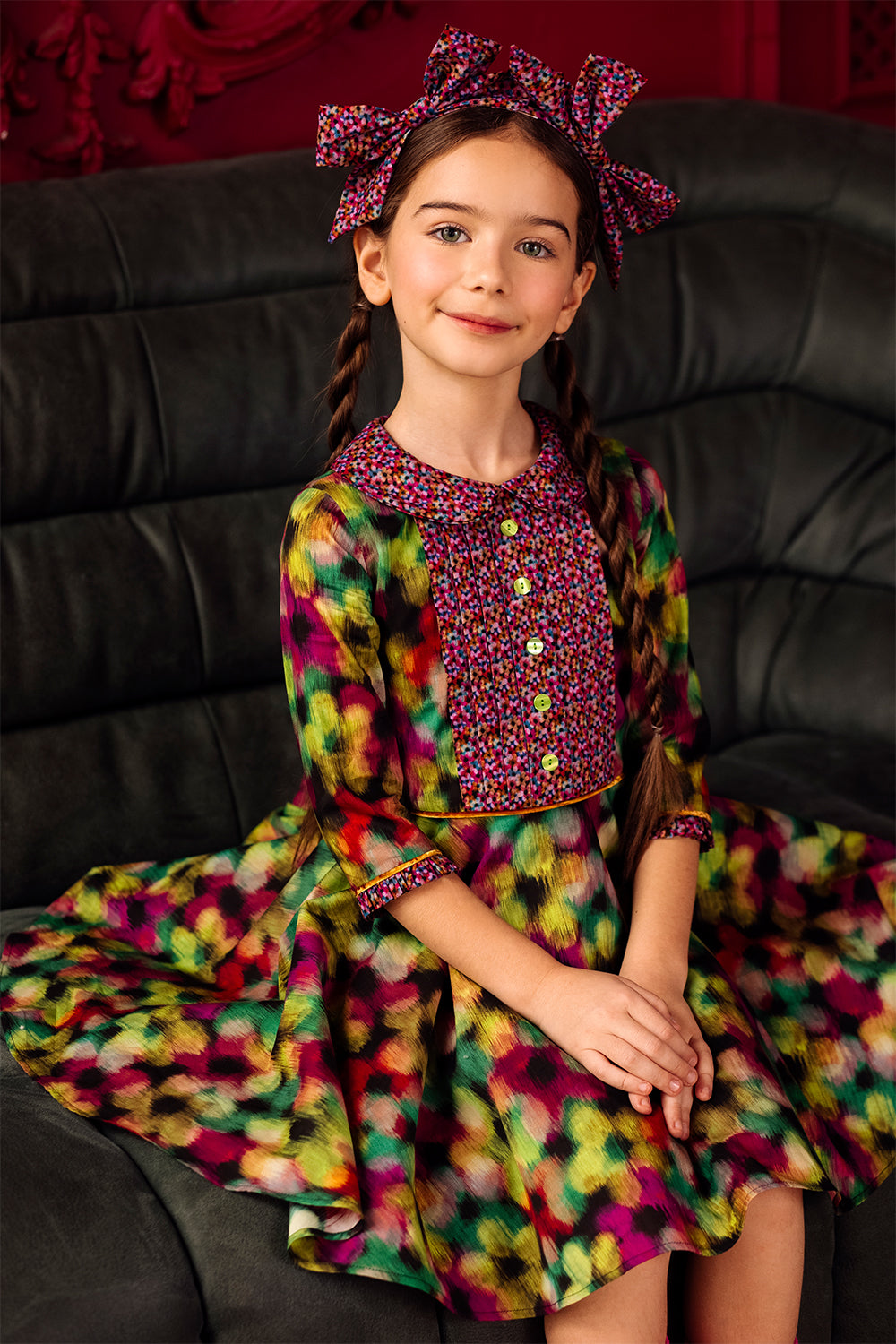 Blurred fuchsia, orange and green flowers cotton Liberty Tana Lawn dress with collar and green buttons