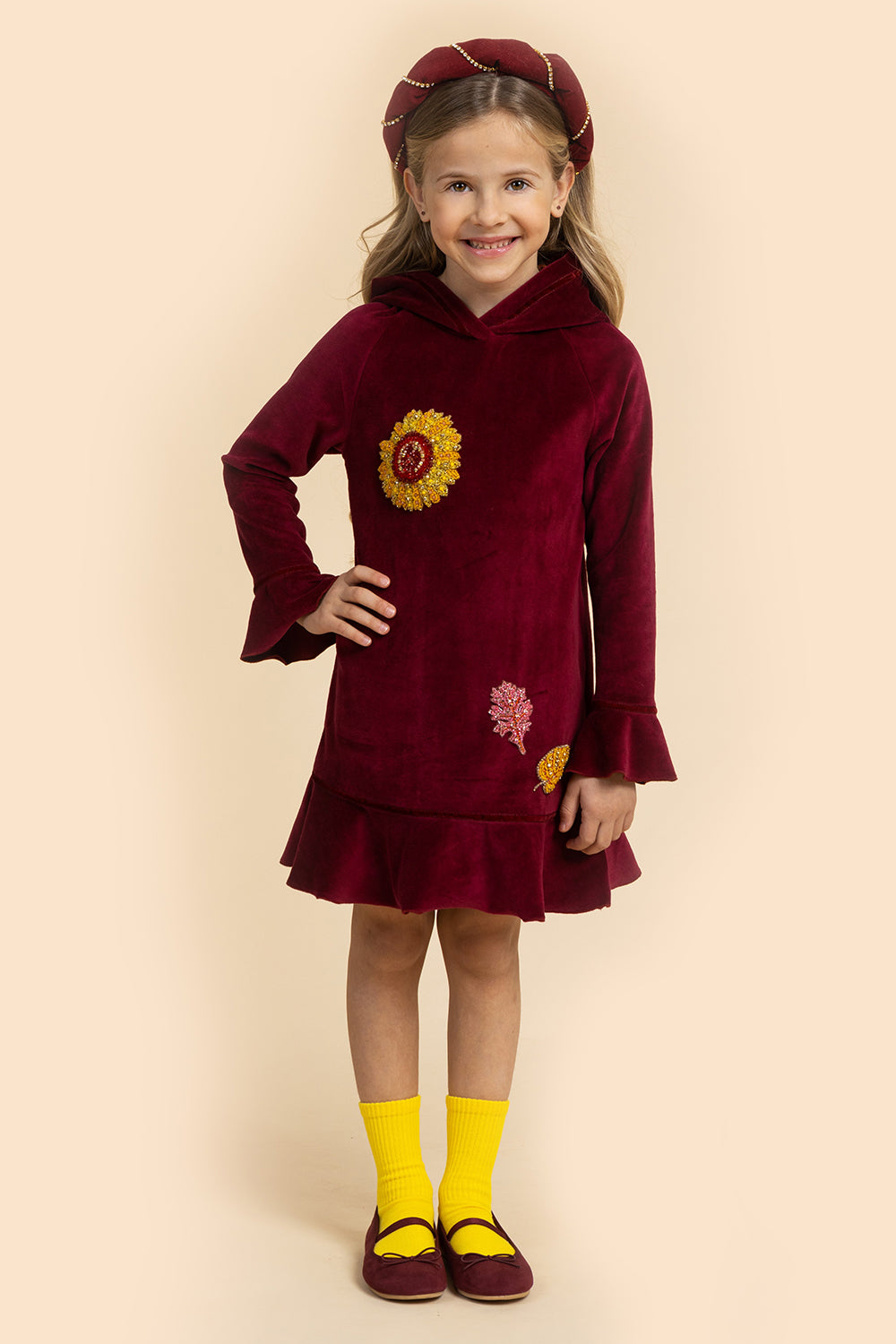 Burgundy velvet cotton dress with hood and handmade embroidery of flowers