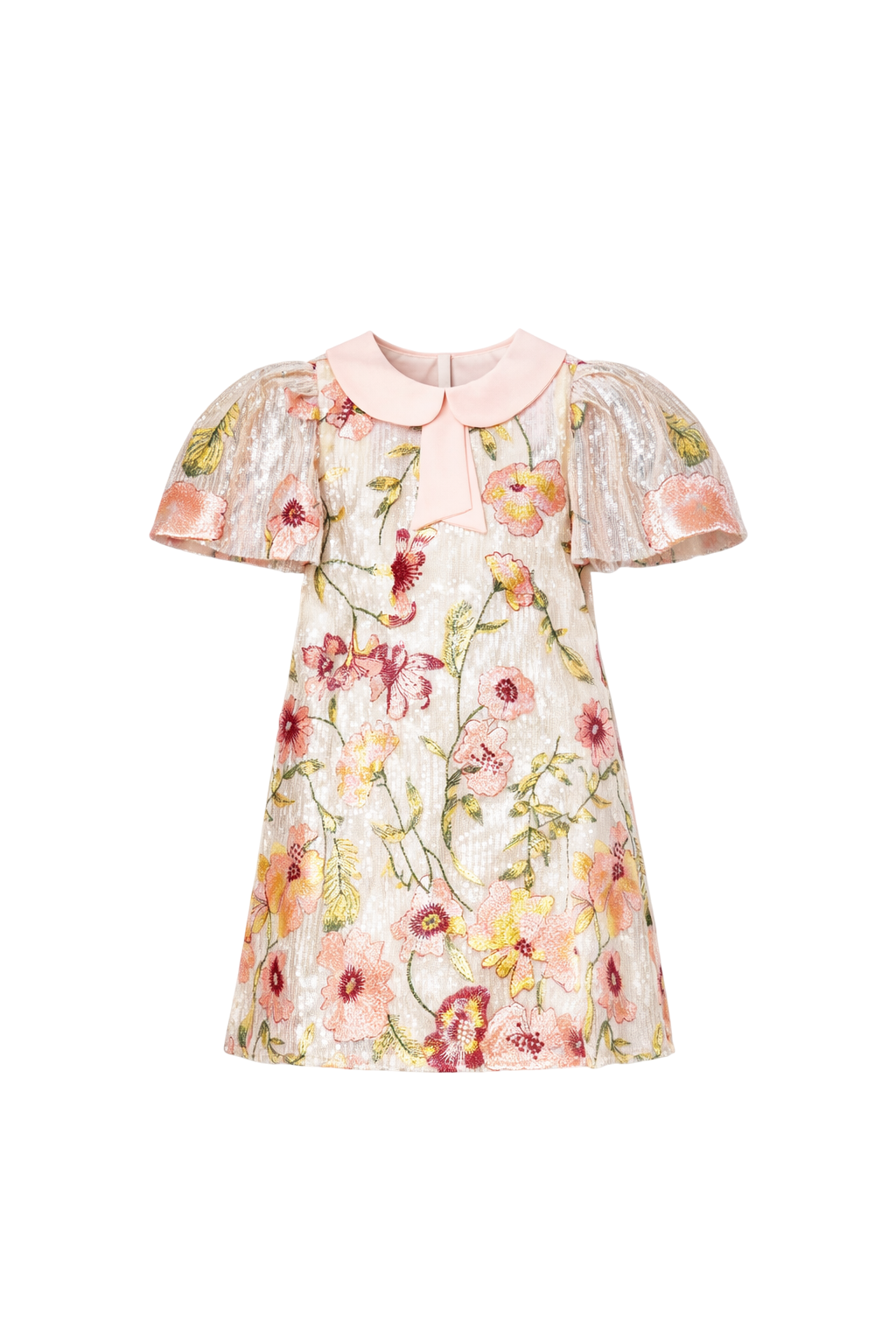 Ivory sequin dress with floral embroidery, pleated metallic sleeves, and a soft pink peter pan collar with bow detail