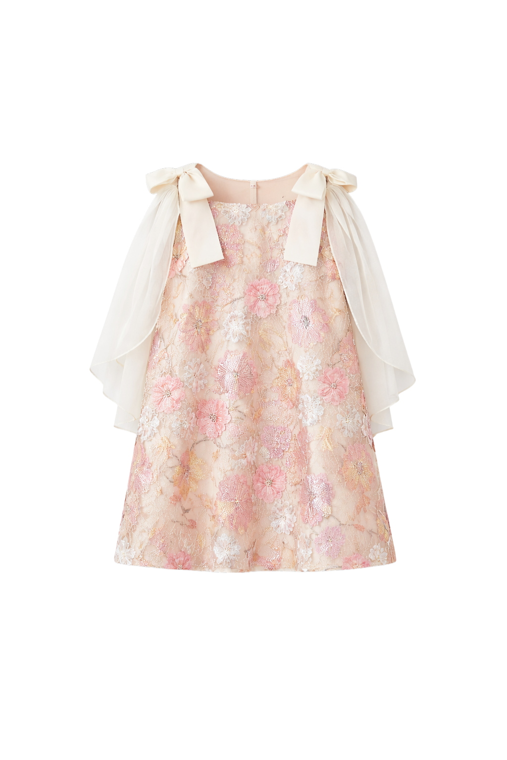 Pink and ivory sequin floral lace dress with ivory chiffon sleeves and velvet bows