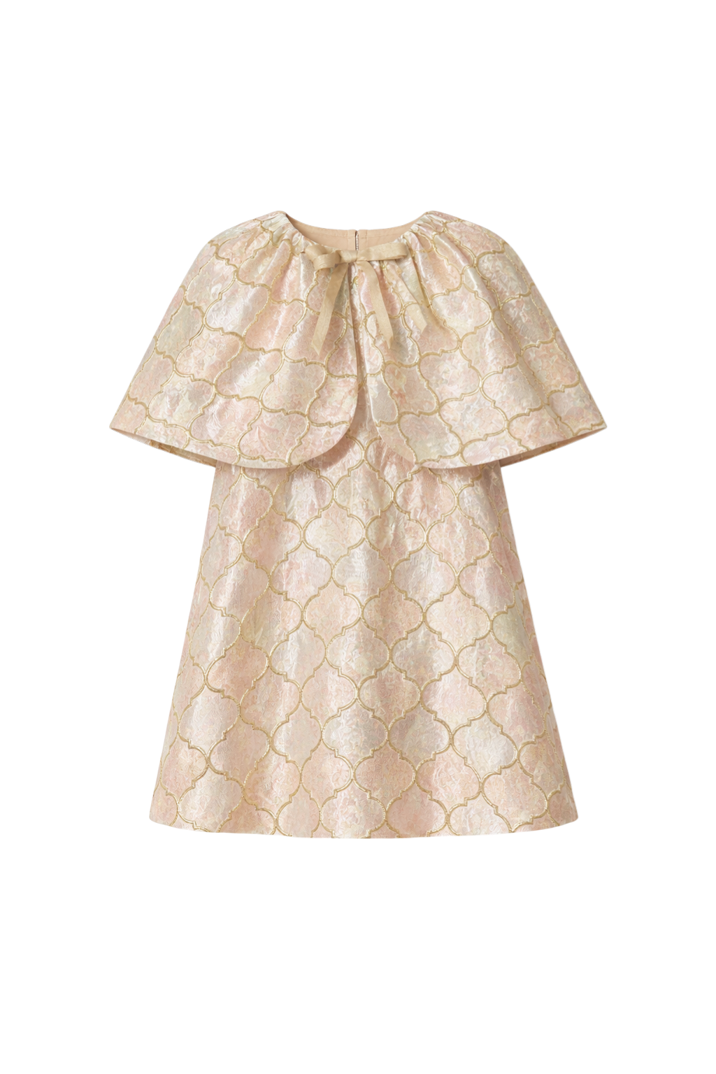 Brocade cape dress with a front bow and soft shine