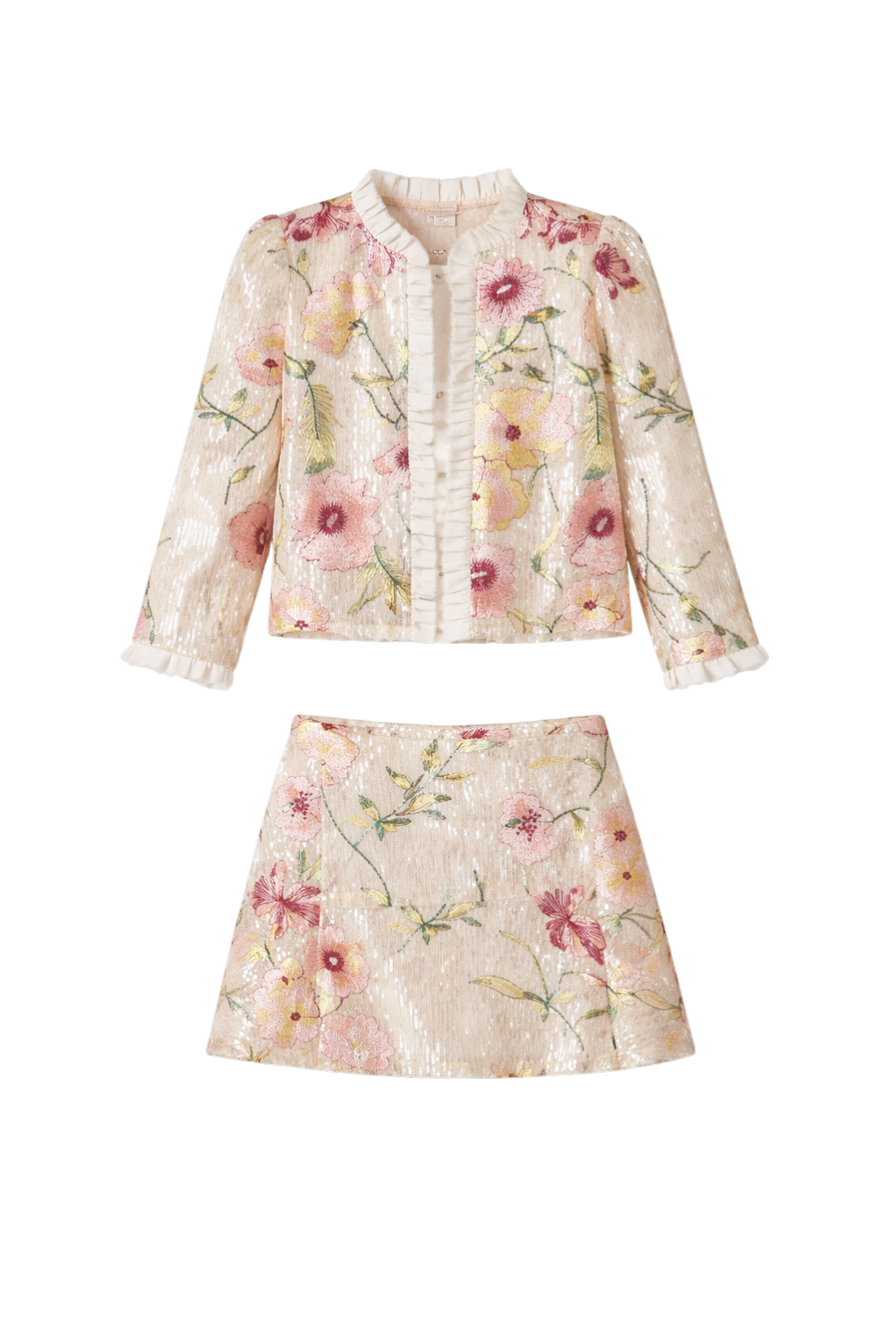 Ivory sequin set featurting a floral embroidered jacket with pleated trim and a matching mini skirt with frill