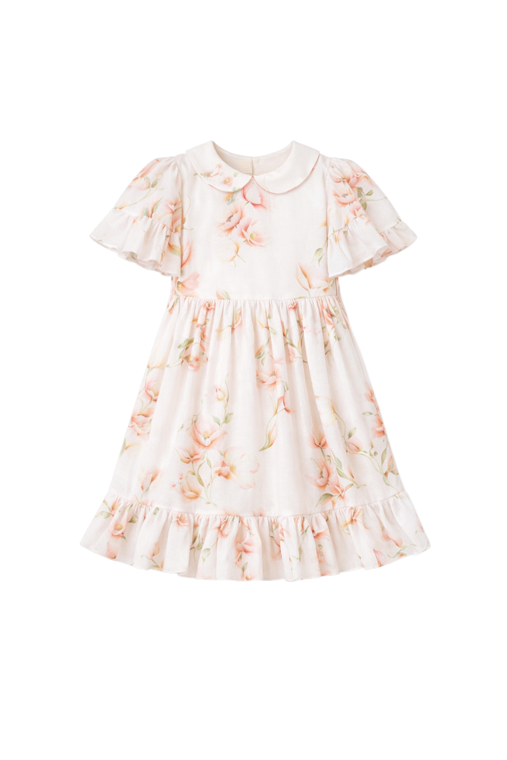Chiffon shimmering floral dress with flutter sleeves, ruffled hem, and hand-embroidered peter pan collar