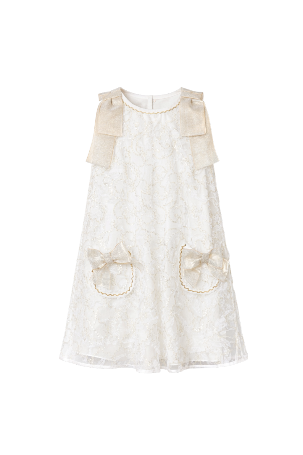 Ivory A-line lace dress with gold shoulder bows and pocket bow details