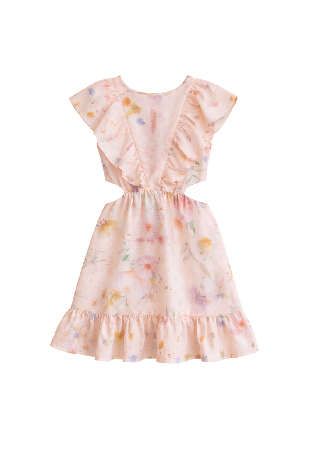 Floral linen dress with delicate side cutouts and soft pastel tones