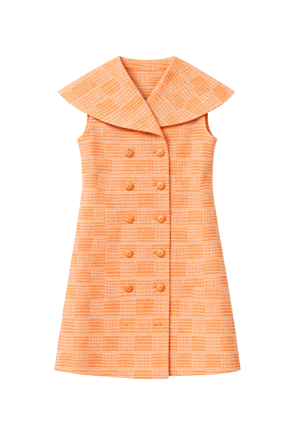 Sleeveless A-line dress in coral, aqua and rose gold tweed with a wide sailor collar and double-breasted button detail