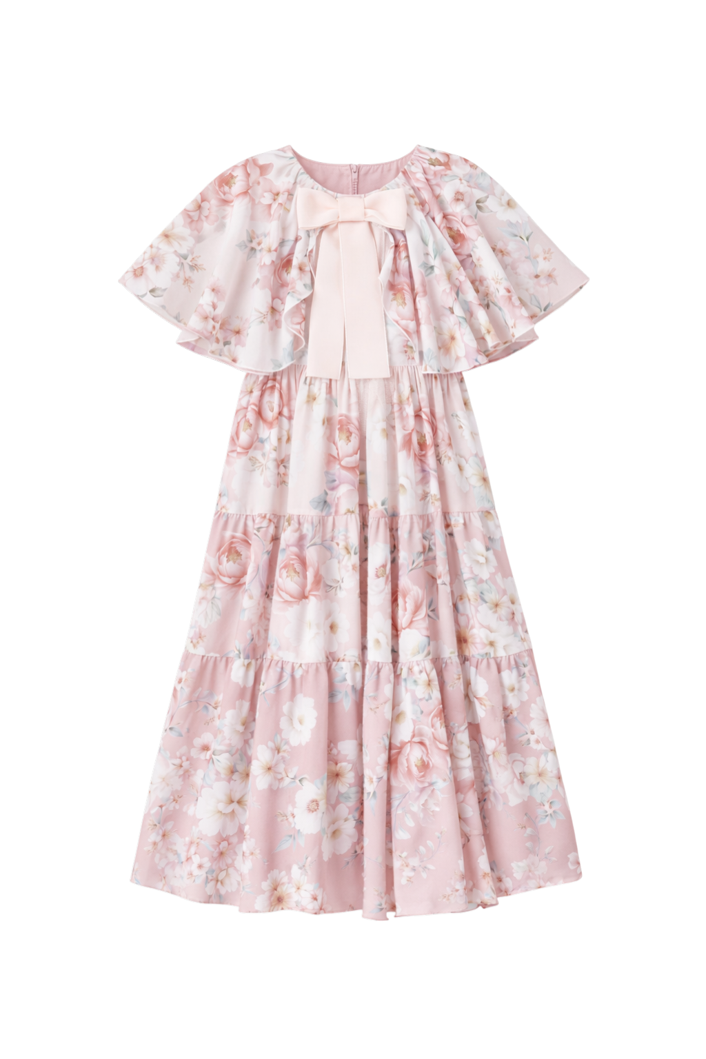 White and pink ombré floral print chiffon dress with pink velvet bow