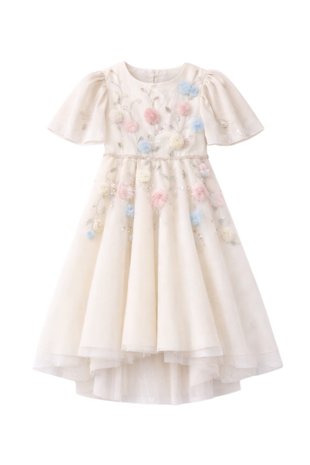 Ivory tulle dress with puff sleeves and hand-embellished flowers, crystals and beads embroidery