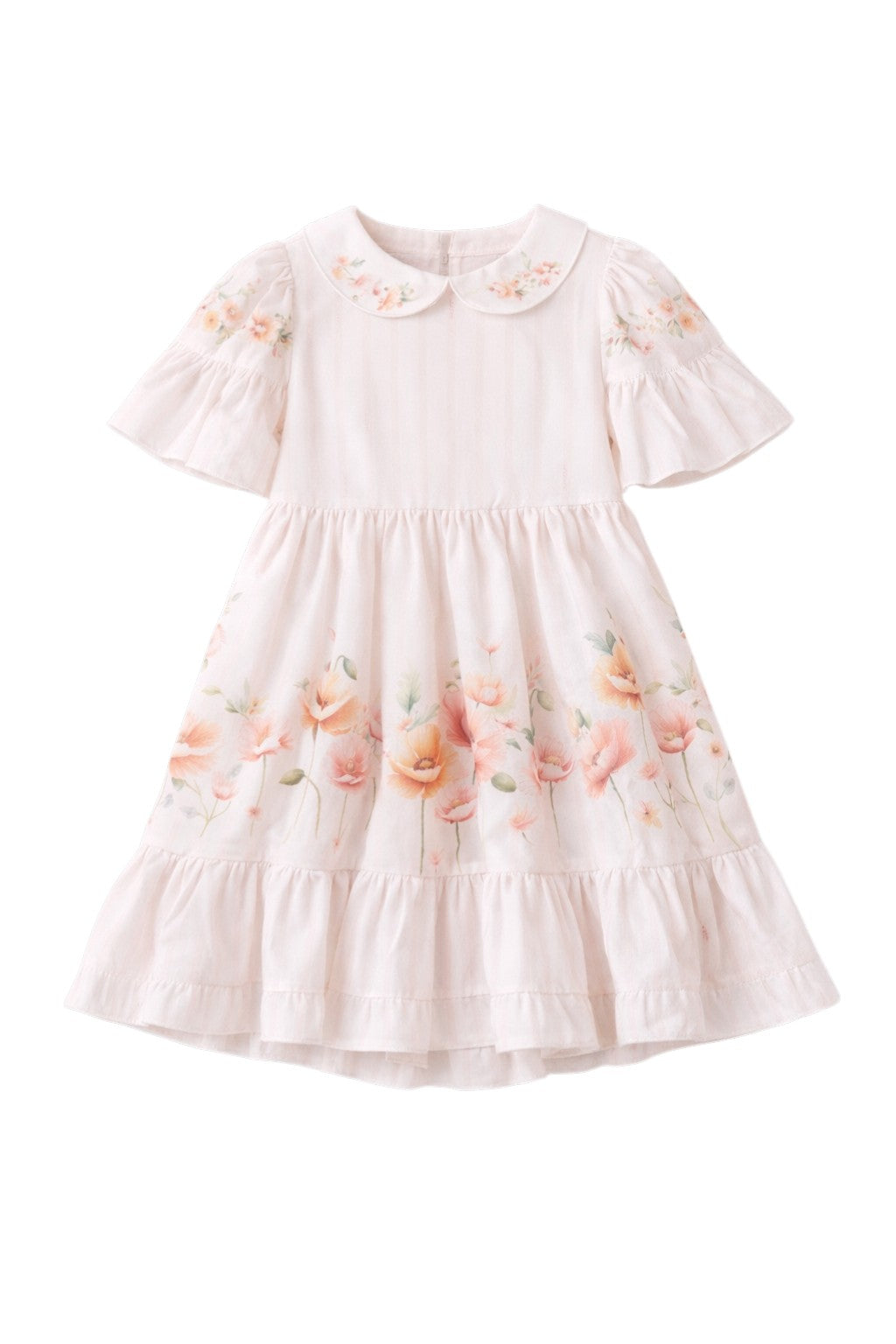 Soft pink striped dress with flutter sleeves, peter pan collar and floral print