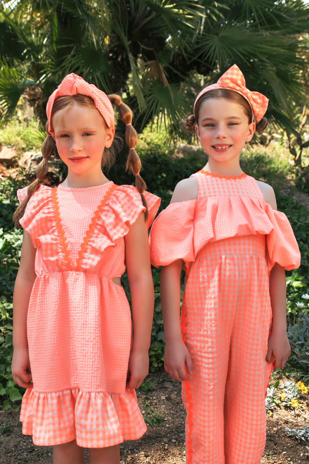 Coral neon and ecru cotton jumpsuit with voluminous sleeves