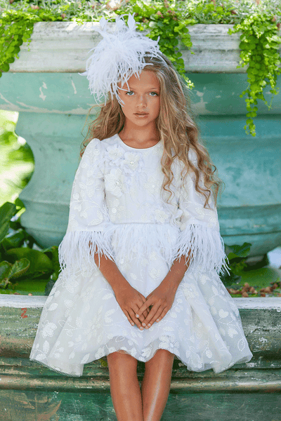 White glitter floral lace dress with feathers and hand-made embellishments