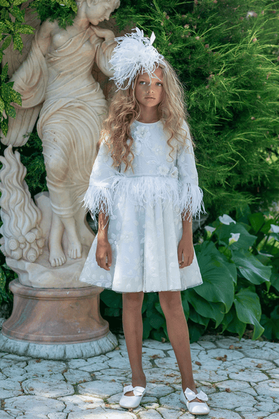White glitter floral lace dress with feathers and hand-made embellishments