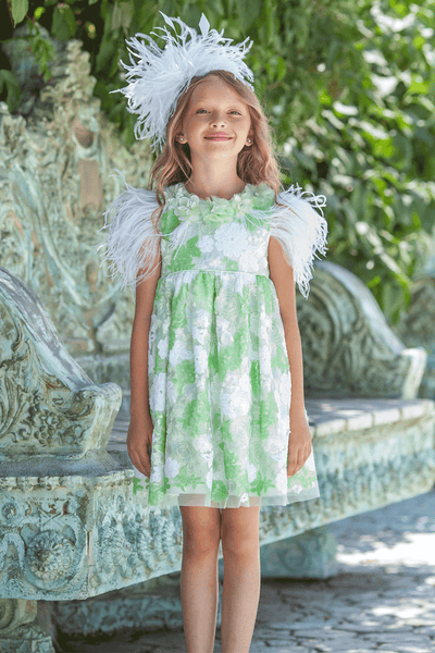 Green and white floral sequin lace dress with white feathers and hand-made embellishments