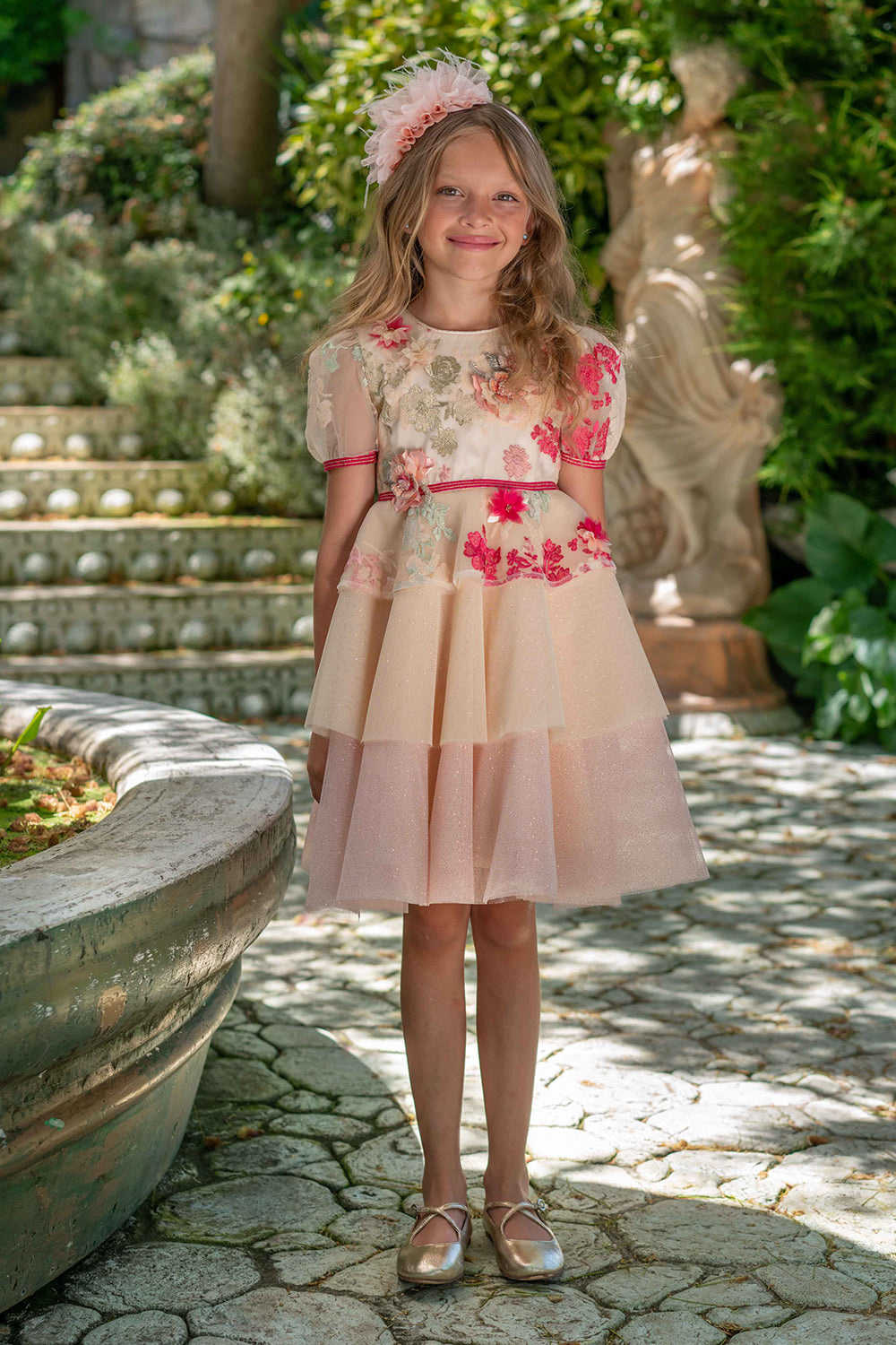 Ecru, pink and coral sequin lace dress with glitter tulle and hand-made embellishments