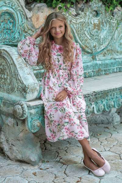 Pale pink floral chiffon dress with floral hand-made embellishments