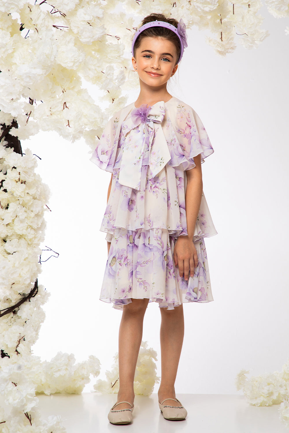 White chiffon layered dress with purple flowers and pussy bow with 3D flower