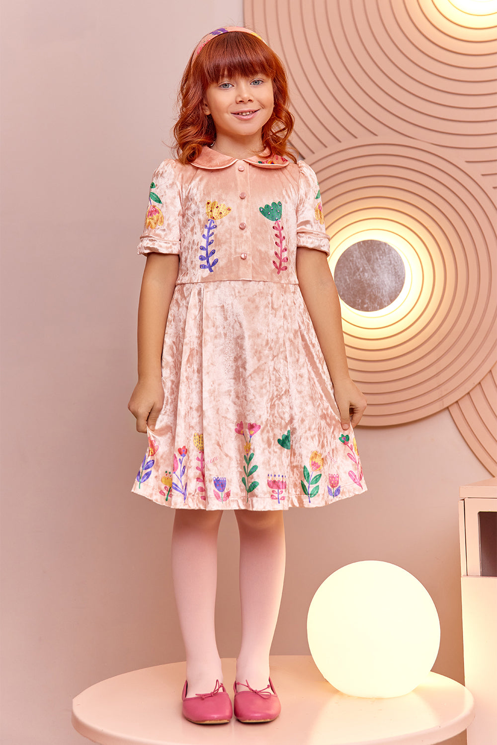 Light pink velvet dress with floral print and crystals embellishments