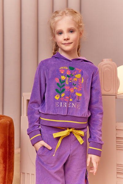 Purple cotton velvet tracksuit with floral print and side pockets on the trousers