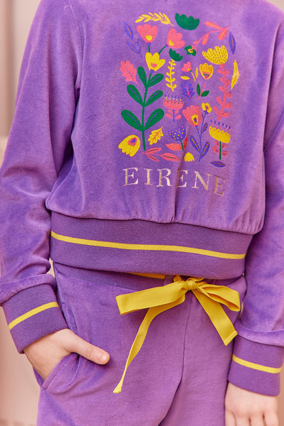 Purple cotton velvet tracksuit with floral print and side pockets on the trousers