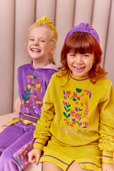 Purple cotton velvet tracksuit with floral print and side pockets on the trousers