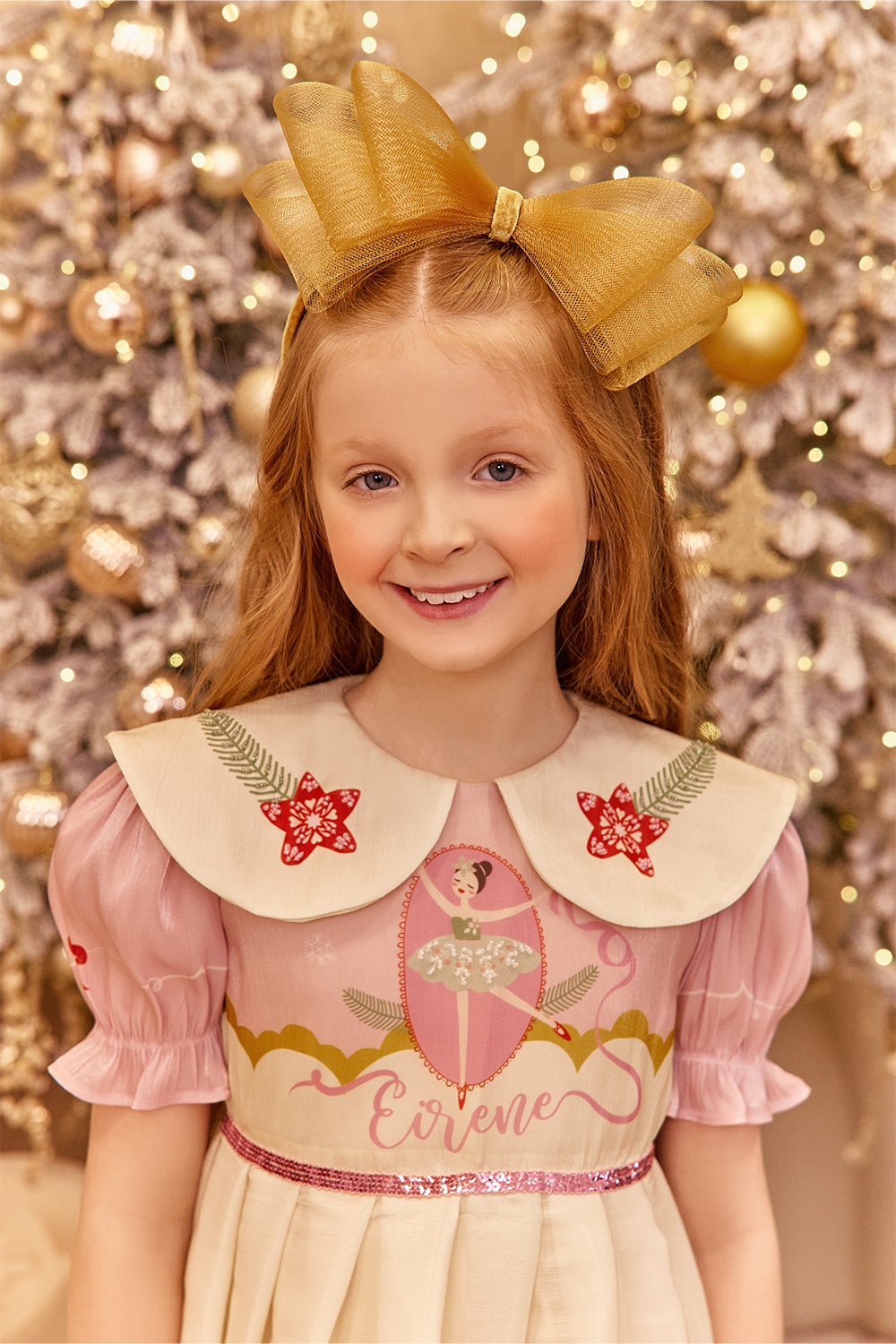 Pink and yellow Christmas dress with hand-embellished collar