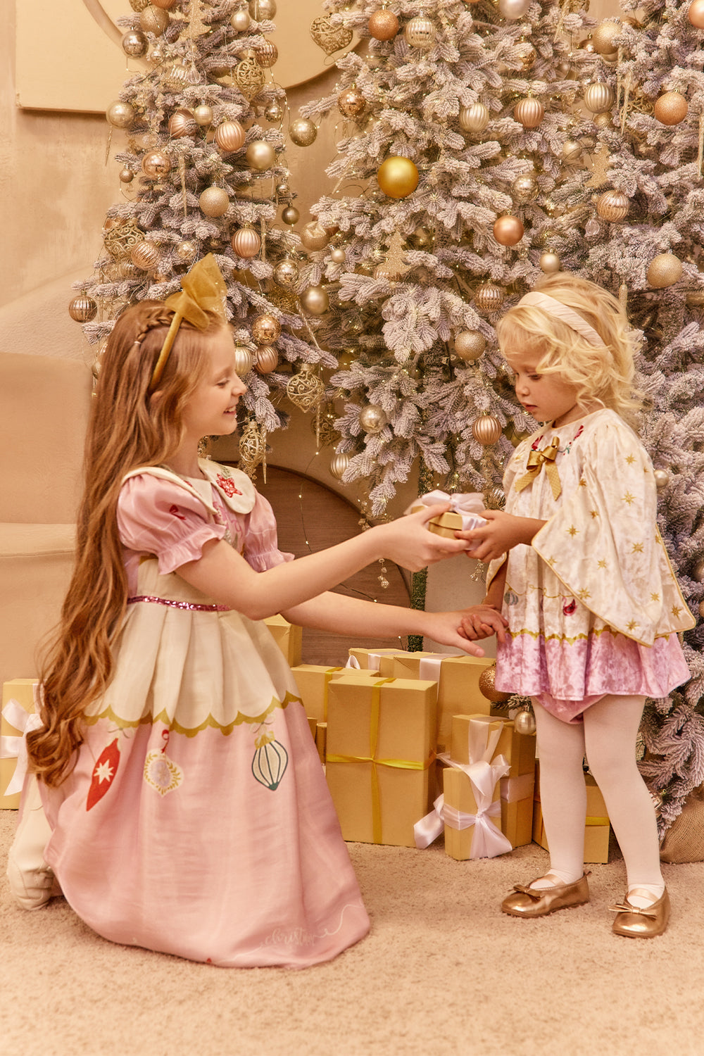 Pink and yellow Christmas dress with hand-embellished collar