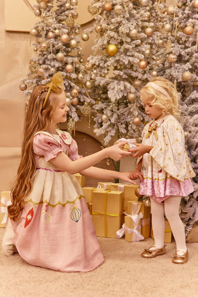Pink and yellow Christmas dress with hand-embellished collar