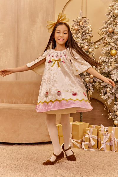 Ivory and pink velvet Christmas dress with hand-embellishments