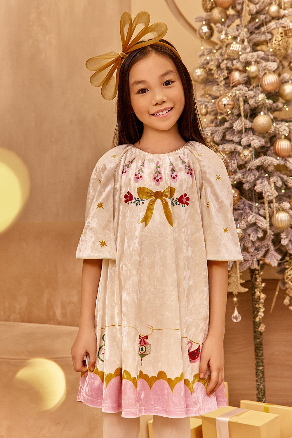 Ivory and pink velvet Christmas dress with hand-embellishments