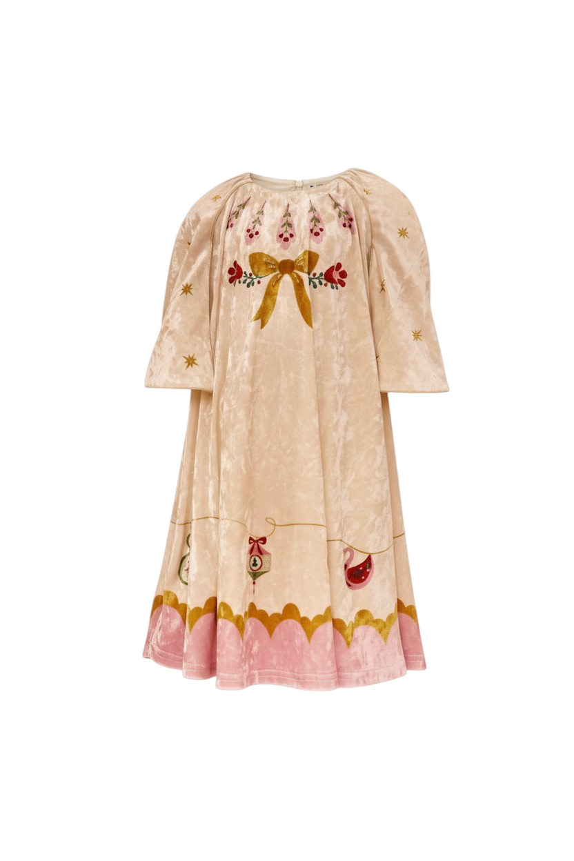 Ivory and pink velvet Christmas dress with hand-embellishments