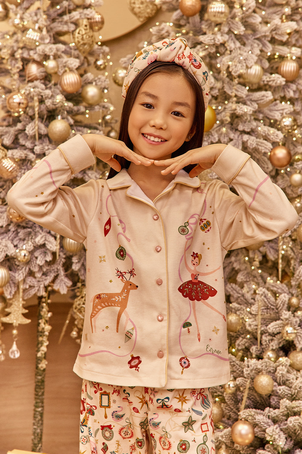 Pale yellow Christmas cotton pajamas with hand-embroidery