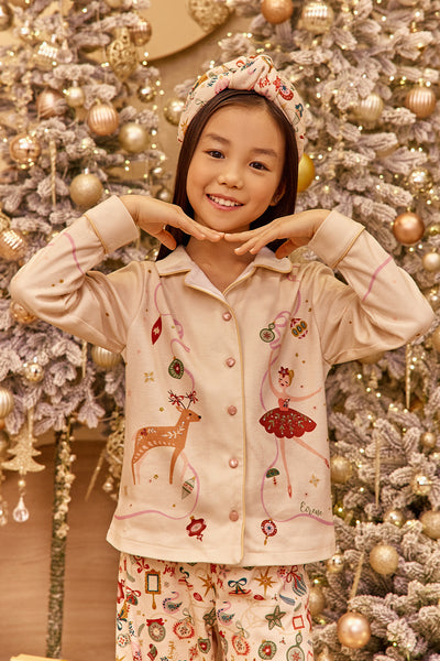 Pale yellow Christmas cotton pajamas with hand-embroidery