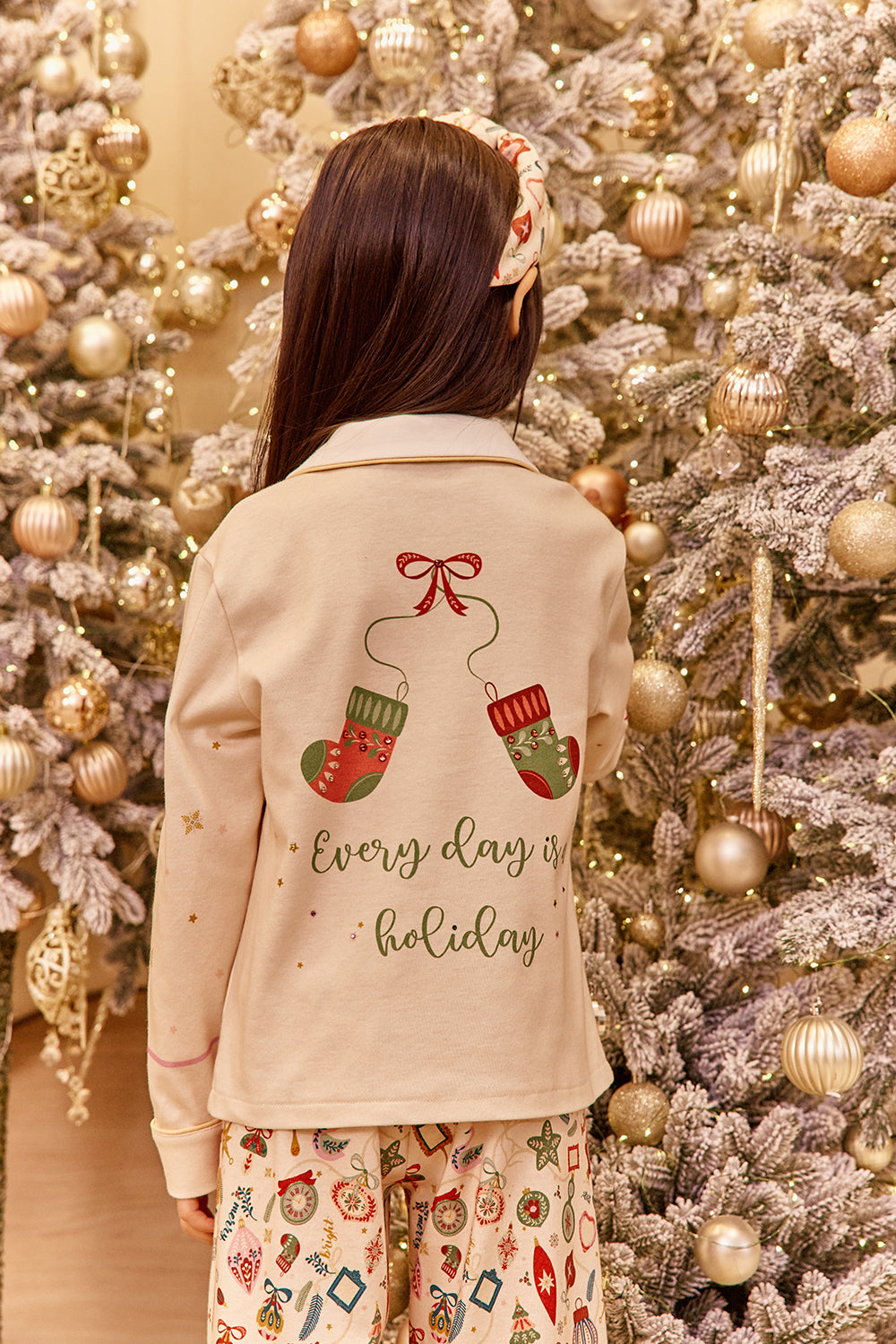 Pale yellow Christmas cotton pajamas with hand-embroidery