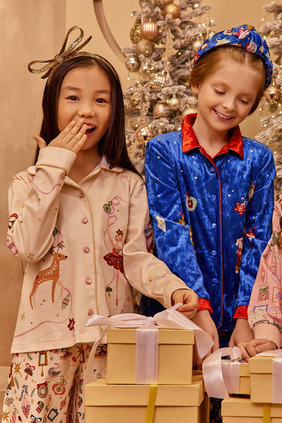 Pale yellow Christmas cotton pajamas with hand-embroidery
