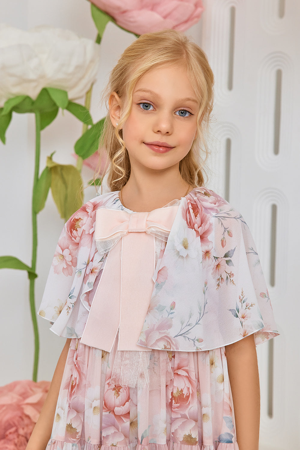 White and pink ombré floral print chiffon dress with pink velvet bow