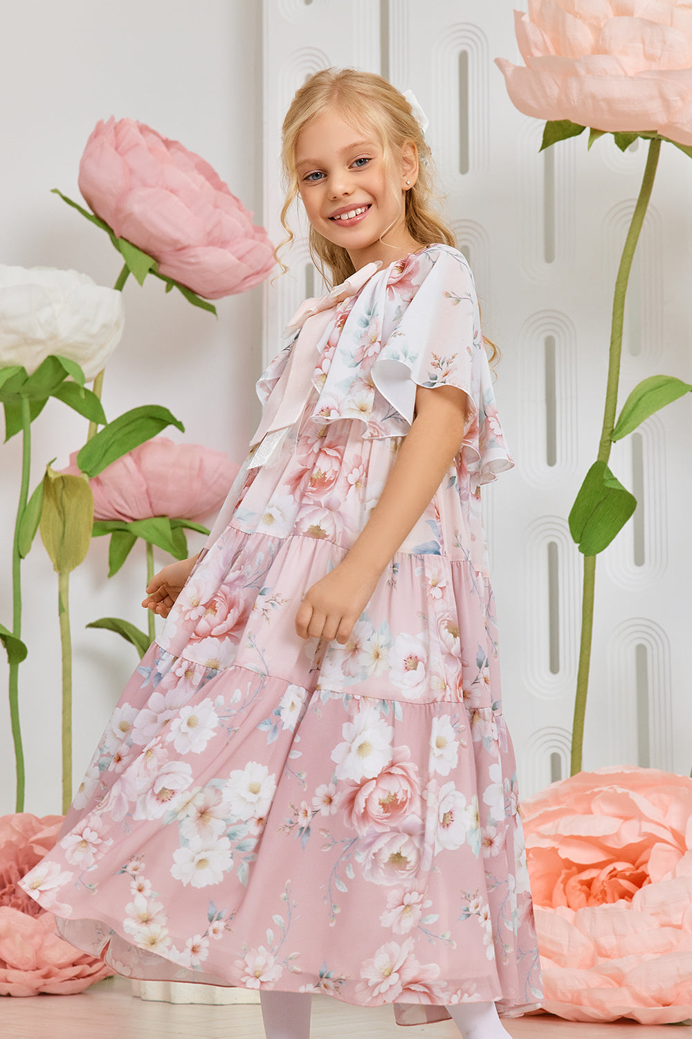 White and pink ombré floral print chiffon dress with pink velvet bow