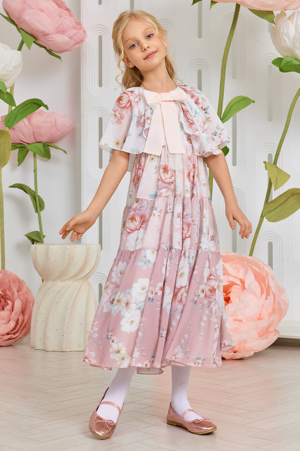 White and pink ombré floral print chiffon dress with pink velvet bow