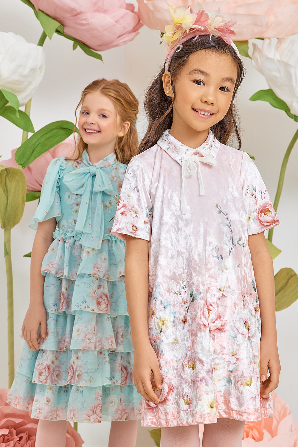 Mint floral chiffon dress with pussy bow