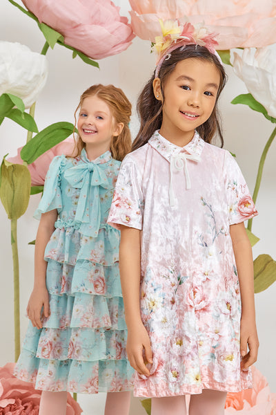 Light pink velvet dress with floral print and velvet bow