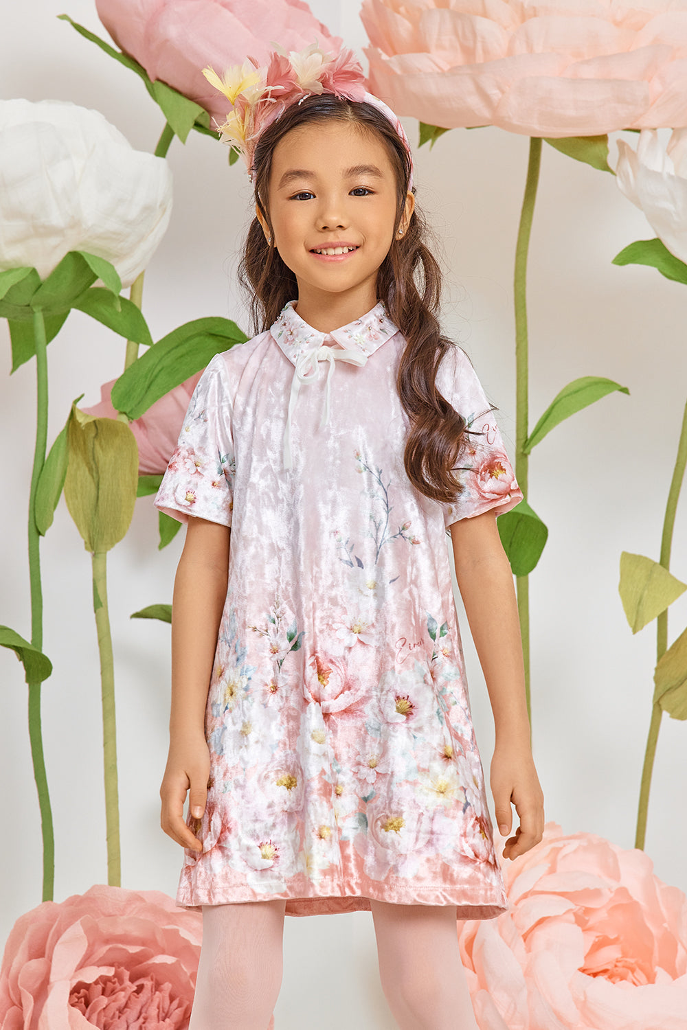 Light pink velvet dress with floral print and velvet bow