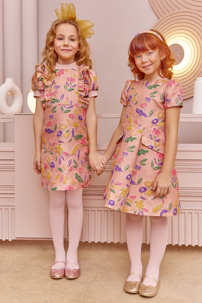 Pink foral jacquard dress with full skirt and pockets