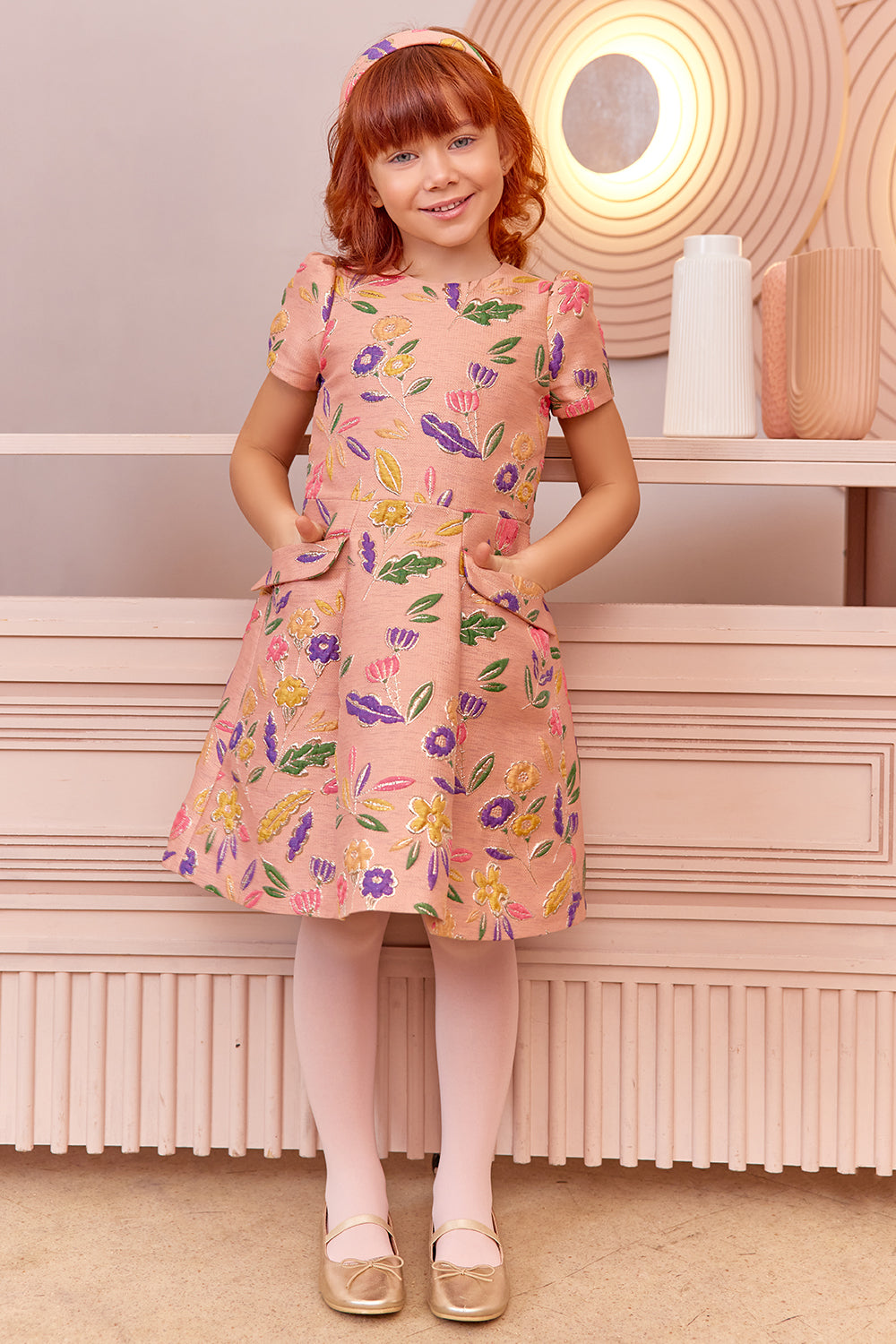 Pink foral jacquard dress with full skirt and pockets